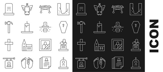 Poster - Set line Grave with tombstone, Coffin cross, Dead body the morgue, Burning candle, Hammer, and coffin icon. Vector