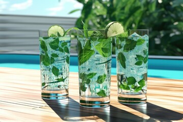 Poster - a set of cocktail glasses near the pool and beach. Mojito. made using generative AI tools