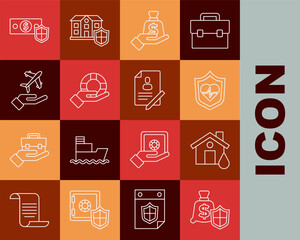 Wall Mural - Set line Money with shield, House flood, Life insurance, hand, Lifebuoy, Plane, and Document icon. Vector