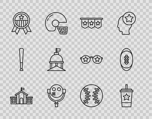 Sticker - Set line United States Capitol Congress, Paper glass with straw, Carnival garland flags, Tourist binoculars, Medal star, White House, Baseball ball and American Football icon. Vector