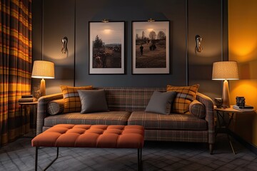 Poster - Unwind on the plush couch in the living area that is upholstered in a knit plaid. a buildings interior decoration