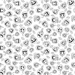 Wall Mural - Line art autumn holiday halloween seamless pattern with different black pumpkins with creepy spooky eyes and smiles.Fall background in white color.Print cards, invitation, design elements.