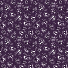 Wall Mural - Line art autumn holiday halloween seamless pattern with different white pumpkins with creepy spooky eyes and smiles.Fall background in purple color.Print cards, invitation, design elements.