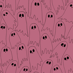 Wall Mural - Hand drawn doodle line art seamless pattern with funny spooky halloween different black ghosts on red background.October party clipart simple decoration element,fall autumn season