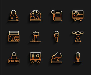 Sticker - Set line Journalist news, Television report, Weather forecast, Microphone, Antenna, Satellite and icon. Vector