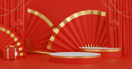 3d minimal stand podium showcase with gift box and  Lantern on red background. Happy Chinese New year. greeting card. 3d rendering illustration.