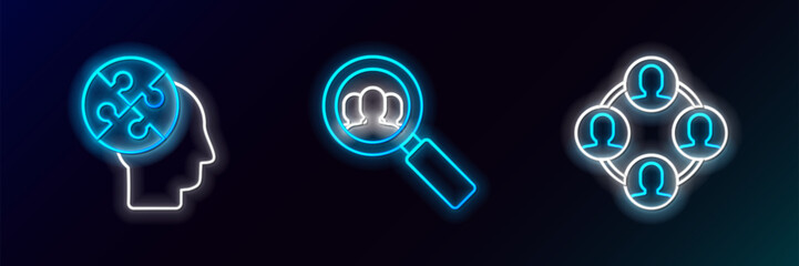 Poster - Set line Project team base, Human head puzzles strategy and Magnifying glass for search people icon. Glowing neon. Vector