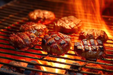 Canvas Print - beef buns, sometimes referred to as mici or mititei, are grilled. a grill in close-up, engulfed in flame and smoke.