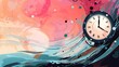 Concept of transience, the ephemeral nature of time, banner with abstract illustration of clock sinking in the ocean water. The clock shows 4 o'clock