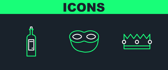 Sticker - Set line Crown, Bottle of wine and Festive mask icon. Vector