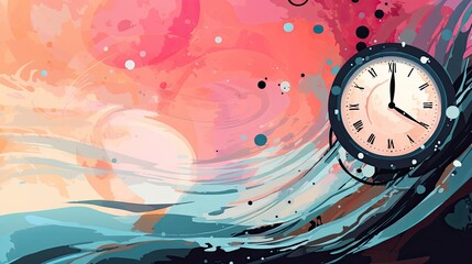 Concept of transience, the ephemeral nature of time, banner with abstract illustration of clock sinking in the ocean water. 