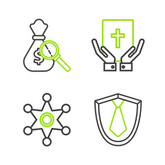 Poster - Set line Tie, Hexagram sheriff, Oath on the Holy Bible and Money bag and magnifying glass icon. Vector