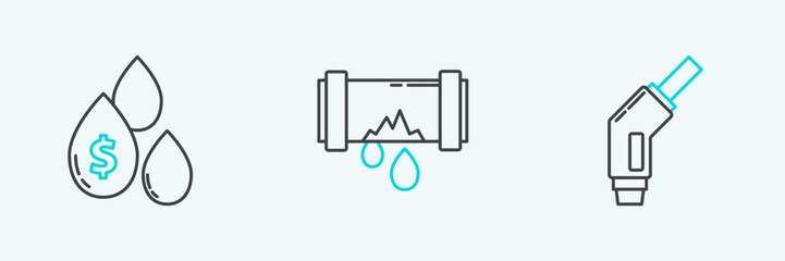 Set line Gasoline pump nozzle, Oil drop with dollar symbol and Broken metal pipe leaking water icon. Vector