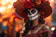 Dia De Los Muertos. Day Of The Dead. Woman With Sugar Skull Makeup On A Floral Background. Calavera Catrina. Halloween.