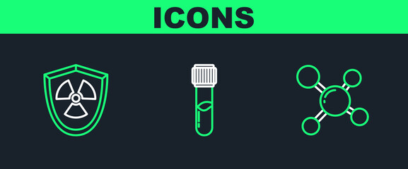 Poster - Set line Molecule, Radioactive in shield and Test tube and flask chemical icon. Vector