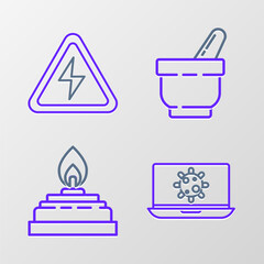 Sticker - Set line Bacteria on laptop, Alcohol or spirit burner, Mortar and pestle and High voltage sign icon. Vector