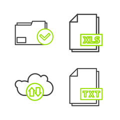 Sticker - Set line TXT file document, Cloud download and upload, XLS and Document folder check mark icon. Vector