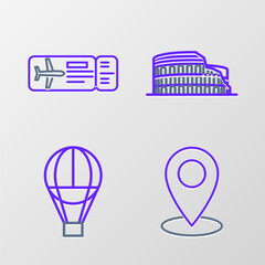 Sticker - Set line Map pin, Hot air balloon, Coliseum Rome, Italy and Airline ticket icon. Vector