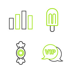 Sticker - Set line Vip in speech bubble, Candy, Ice cream and Music equalizer icon. Vector