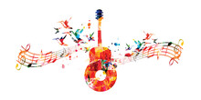 Playful Music Background With Abstract Guitar, LP Record And Musical Notes For Banner, Card, Invitation, Poster... Vector Illustration For Live Concert Events, Music Festivals And Shows. Party Flyer
