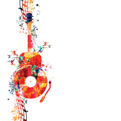 Wall Mural - Playful music background with abstract guitar, LP record and musical notes for banner, card, invitation, poster... Vector illustration for live concert events, music festivals and shows. Party flyer