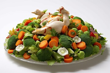 Sticker - On a white table, lunch on a diet was presented as a gorgeous meal of salad with chicken, broccoli, and other veggies.