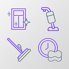 Sticker - Set line Washing dishes, Mop, Vacuum cleaner and Cleaning service for window icon. Vector