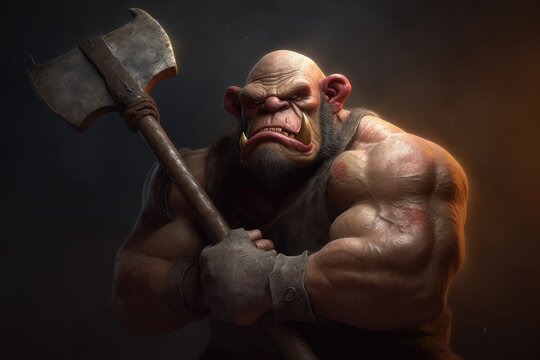 Orc, a monster from myth. An example of a fantasy. Drawing of a goblin clutching an ax. made using generative AI tools