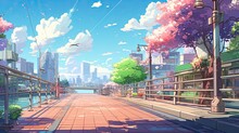 Beautiful Anime-style Illustration Of A City Street At Springtime