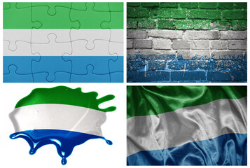 national colorful realistic flag of sierra leone in different styles and with different textures on the white background.collage.