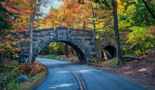 Historic Stone Bridge With Fall Colors Of Acadia National Park In Maine