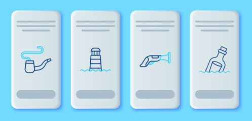 Wall Mural - Set line Lighthouse, Vintage pistol, Smoking pipe and Bottle with message water icon. Vector