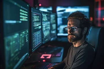 A hacker-programmer in front of a computer. Created with Generative Ai technology.