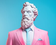 Portrait Of Fashionable Ancient Greek Male Marble Statue With Beard Wearing Suit And Tie. Minimal Humorous Concept Of Art, Modern Philosophy, Democracy, Historical Fiction. Pastel Colors, Pink,blue. 