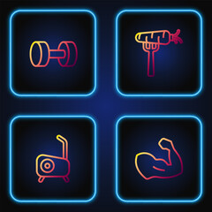 Poster - Set line Bodybuilder muscle, Stationary bicycle, Dumbbell and Carrot fork. Gradient color icons. Vector