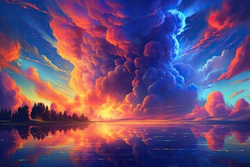 Wall Mural - Clouds, a brilliant square border, and a body of water are all included in an abstract neon sky. Stunning seascapes