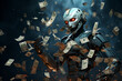 the robot scatters banknotes. Artificial intelligence is making money. Generated AI