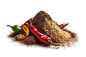 Wall Mural - On a white background, a solitary mound of ground allspice, pimento, crushed, and Jamaican pepper. include a few pimentos