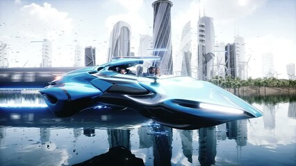 Wall Mural - fying car in futuristic city with people.. Future concept. Realistic 4k animation.