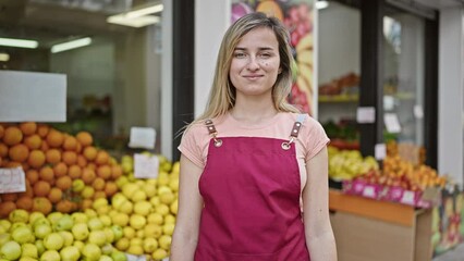 Wall Mural - Young blonde woman shop assistant smiling confident standing at fruit store