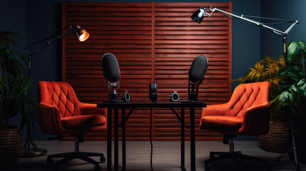 Studio interior for podcast and interview with two chairs