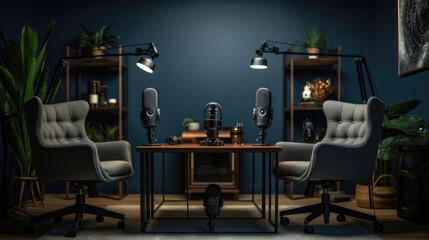 Studio interior for podcast and interview with two chairs