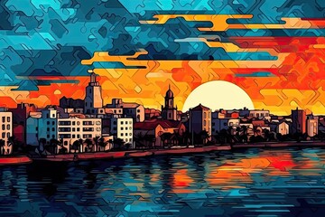 Sticker - Skyline of Arrecife at sunset, capital city of Lanzarote, Canary Islands, Spain, anime style Anime style without a watermark