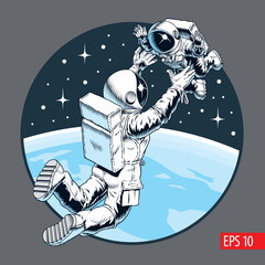 Wall Mural - Astronaut woman holding baby, mother and child in spacesuits in outer space. Stars and a planet on the background. Comic book style vector illustration.