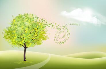 Poster - Beautiful summer nature background with a green tree and landscape. Vector.