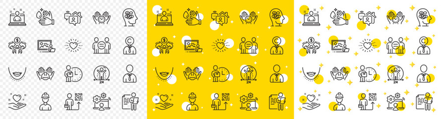 outline leadership, delivery man and foreman line icons pack for web with hold heart, social distanc