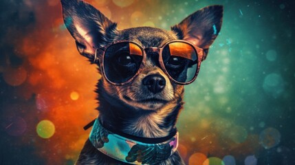 Wall Mural - A small dog wearing sunglasses on a colorful background. Generative AI image.