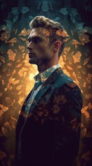 Wall Mural - A man standing in front of a wall covered in leaves. Generative AI image.