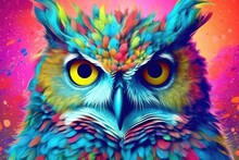 Pop Art-inspired Portrait Of A Bright Wise Owl. Style That May Be Imprinted On Objects Like Furniture, Clothes, Accessories, Or Home D�cor