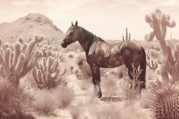 Canvas Print - a horse in a cactus-filled desert in a vintage western photograph. made using generative AI tools